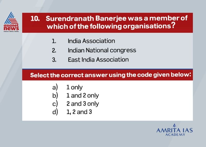 Answer (b)
Indian Association was founded by Surendranath Banerjee and Ananda Mohan Bose in 1876.
East India association was founded by DadabhaiNaoroji in London. SurendranathBanerjee was not a member.
He was a founding member of INC in 1885.
