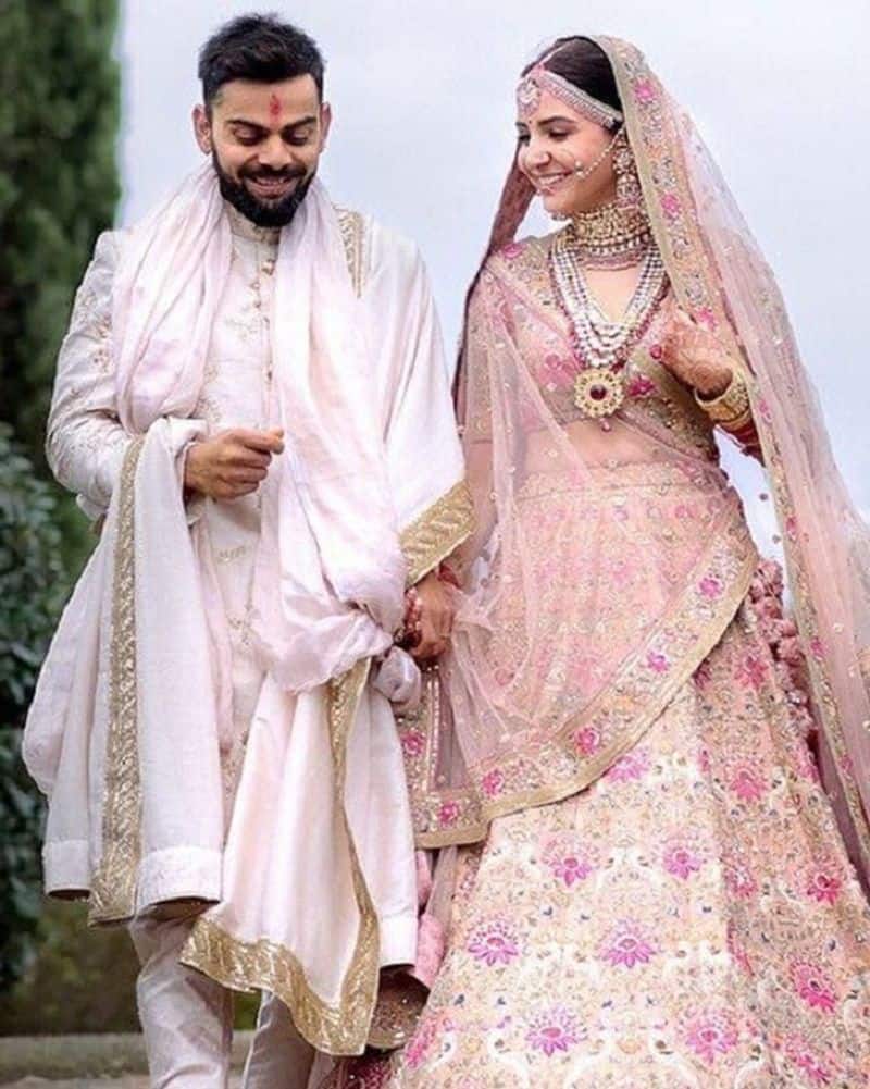 Anushka Sharma donned a pale pink lehenga from Sabyasachi Mukherjee, cost Rs 30 lakhs and took 32 days to finish with the help of 67 karigars.
