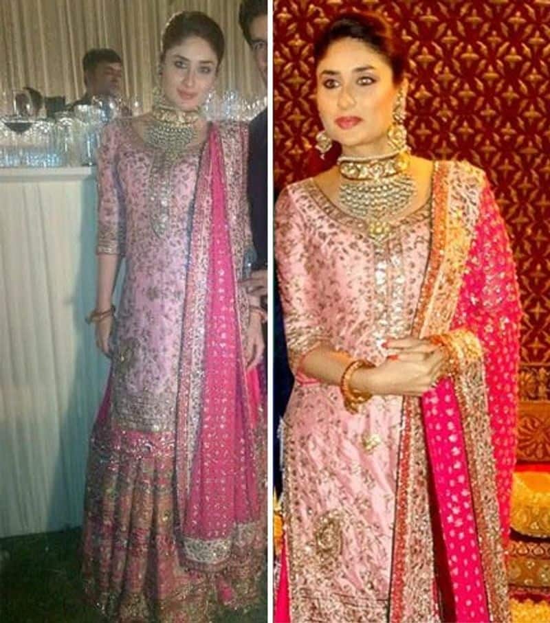 Kareena Kapoor wore a lehenga modeled by Ritu Kumar when she wore the wedding gharara of her mother-in-law Sharmila Tagore.  However, her reception outfit was designed by the famous Manish Malhotra who sold for Rs. 50 lakh.  She looked like a begam wearing tons of regal looking gold and Kundan jewelry on her big day.
