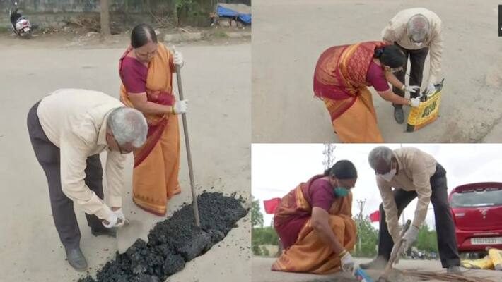 old couple spend their pension amount to clear potholes in road in Hyderabad old couple spend their pension amount to clear potholes in road in Hyderabad