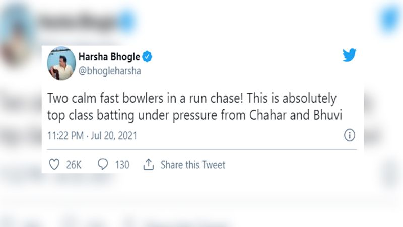 हर्षा भोगले
कमेंटेटर हर्षा भोगले ने दूसरे वनडे में दीपक चाहर और भुवनेश्वर कुमार की गेंदबाजी और बल्लेबाजी की तारीफ की। उन्होंने ट्वीट किया, 'एक रन का पीछा करने वाले दो शांत तेज गेंदबाज! चाहर और भुवी के दबाव में यह बिल्कुल टॉप क्लास बल्लेबाजी है।'