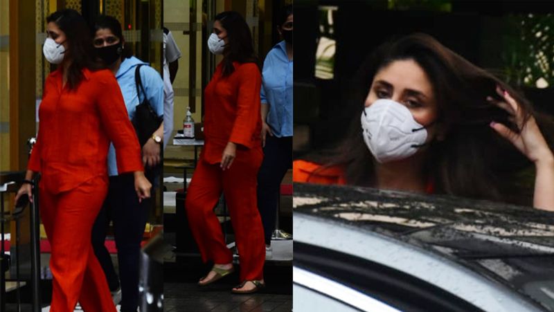 करीना कपूर लंबे समय बाद काम पर लौटी। वे डार्क लाल रंग की ड्रेस पहन घर से बाहर निकली थी। उनके बाल खुले थे और सेफ्टी के लिए उन्होंने मास्क पहन रखा था।
