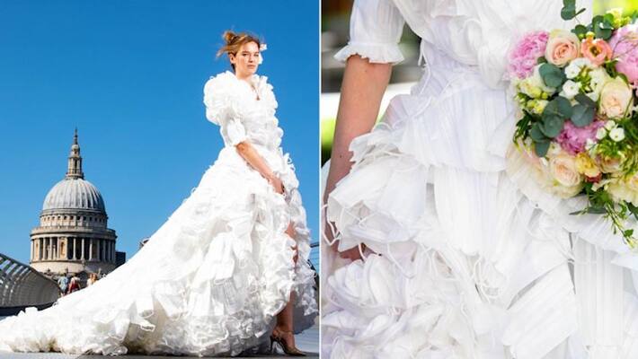 British designer creates a wedding gown out of 1,500 upcycled facemasks; leaves netizens amazed-tgy British designer creates a wedding gown out of 1,500 upcycled facemasks; leaves netizens amazed-tgy