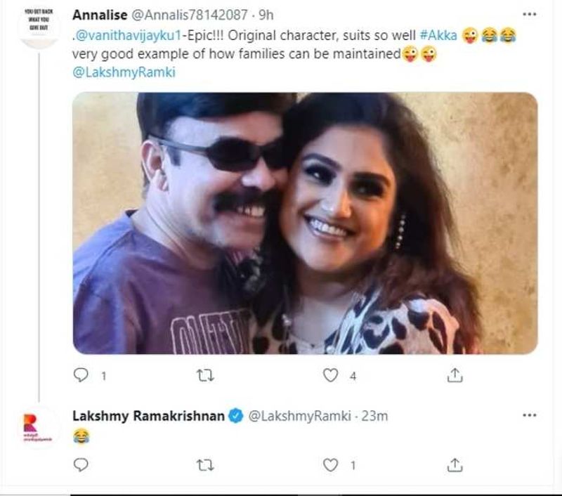 Netizen tag Lakshmi Ramakrishnan to vanitha vijaykumar troll photo on twitter