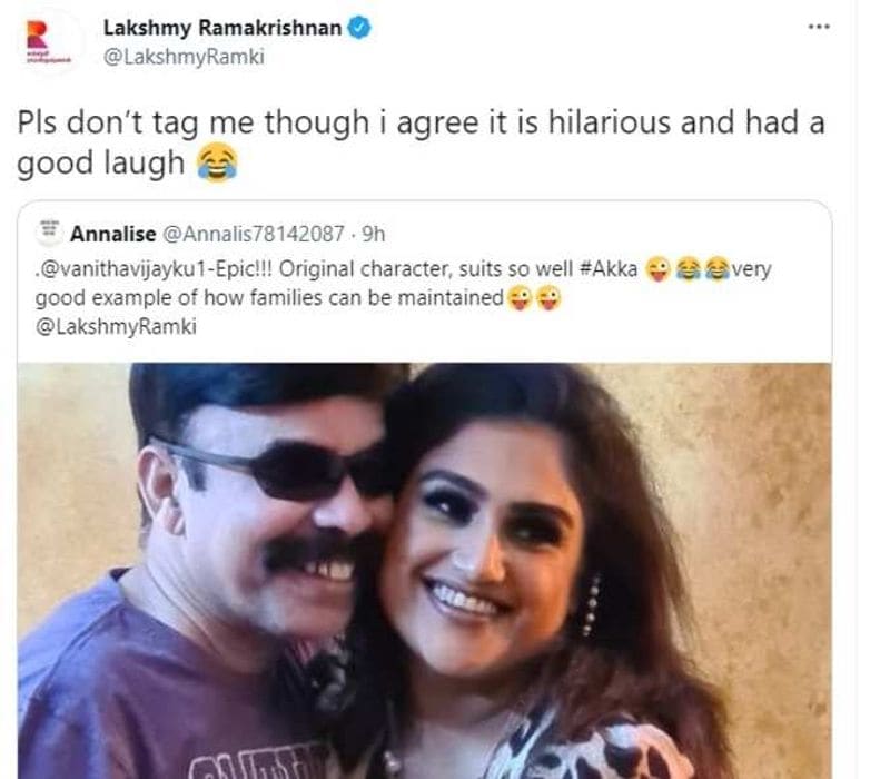 Netizen tag Lakshmi Ramakrishnan to vanitha vijaykumar troll photo on twitter