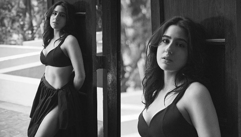 Sara ali khan looks stunning in a bralette and high thigh slit skirt see her monochrome pics BRD