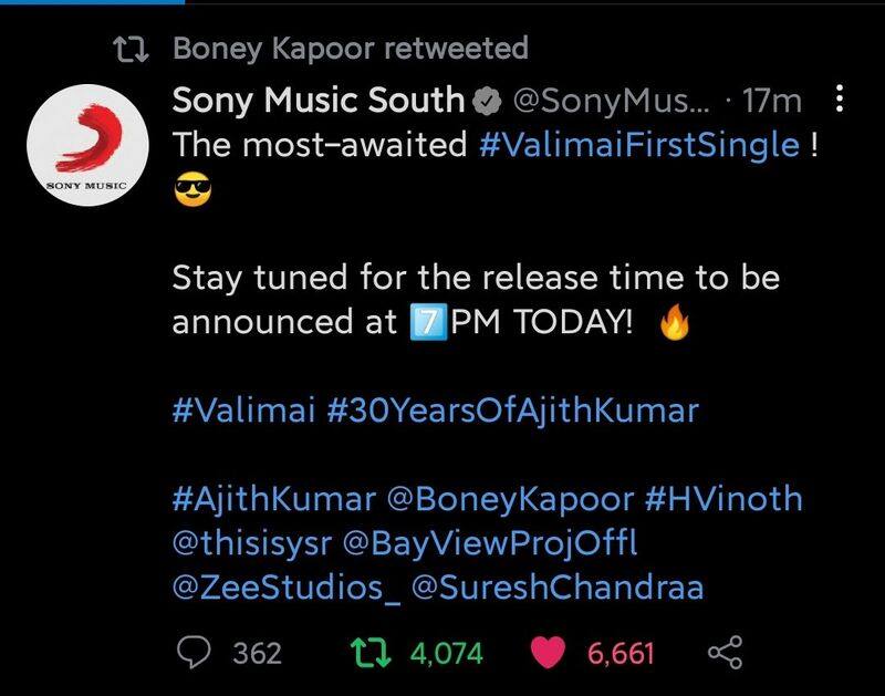 producer boney kapoor confirm  Thala fans most awaited valimai first singe released on today 7 pm