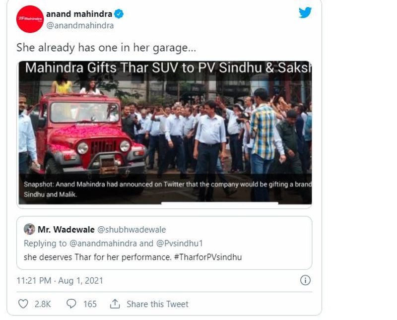 businessman Anand Mahindra reacts to Twitter user demanding Thar for PV Sindhu after Olympics Bronze win