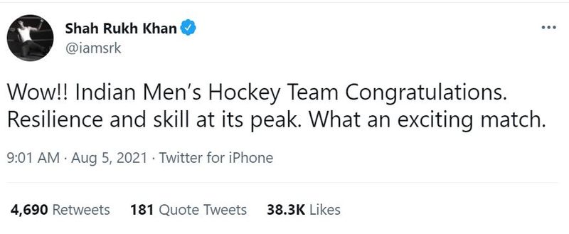 here the reactions of celebrities after India hockey bronze