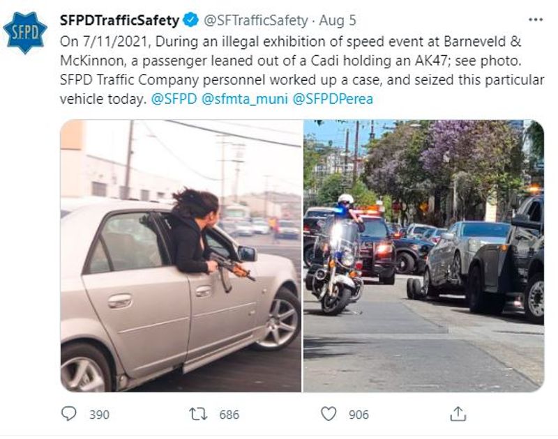 San Francisco, viral picture of woman with AK 47 in hand with speeding car