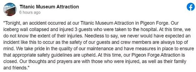 Three visitors injured after iceberg wall collapses at Titanic Museum in Tennessee