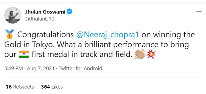 India congrats Neeraj Chopra for first track and field gold in Olympics