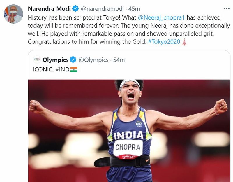 India congrats Neeraj Chopra for first track and field gold in Olympics