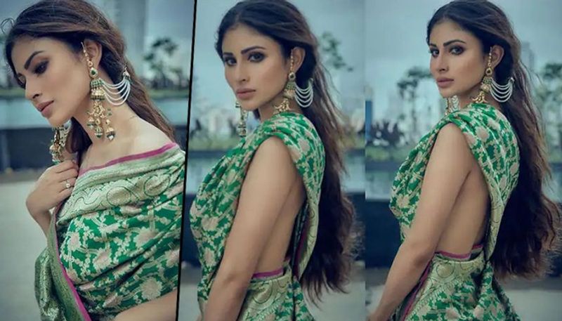 Did Mouni Roy forget her blouse draped in Bengali saree