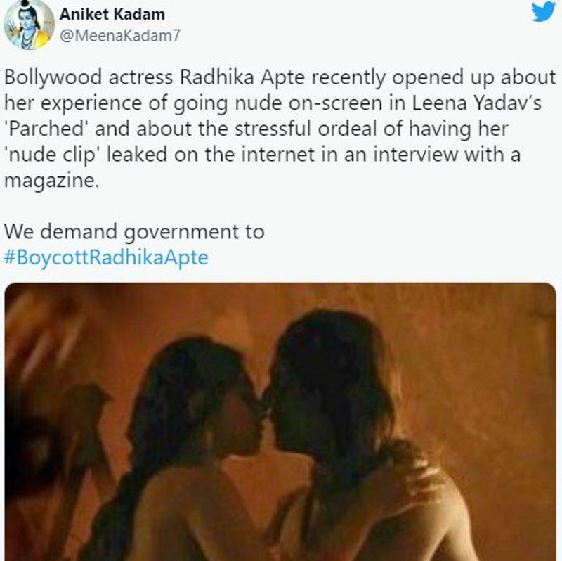 Boycott Radhika Apte trends on twitter after her nude video from parched film goes viral on social media BRD