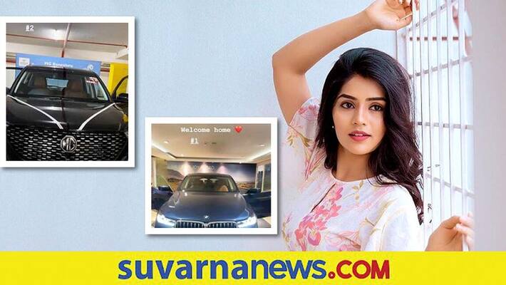 Actress Megha Shetty welcomes two luxury cars BMW and MG hector home vcs Actress Megha Shetty welcomes two luxury cars BMW and MG hector home vcs