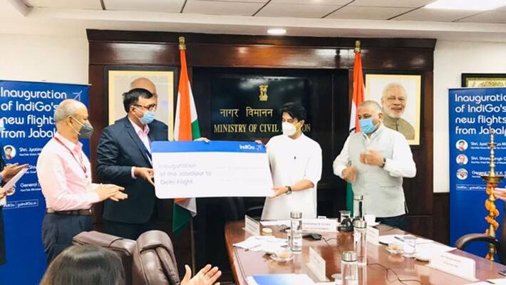 Civil Aviation Minister Jyotiraditya Scindia inaugurates IndiGo flights on Jabalpur to Delhi route Civil Aviation Minister Jyotiraditya Scindia inaugurates IndiGo flights on Jabalpur to Delhi route
