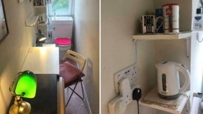 a single room looks like a bathroom with a desk and mini fridge for rent a single room looks like a bathroom with a desk and mini fridge for rent
