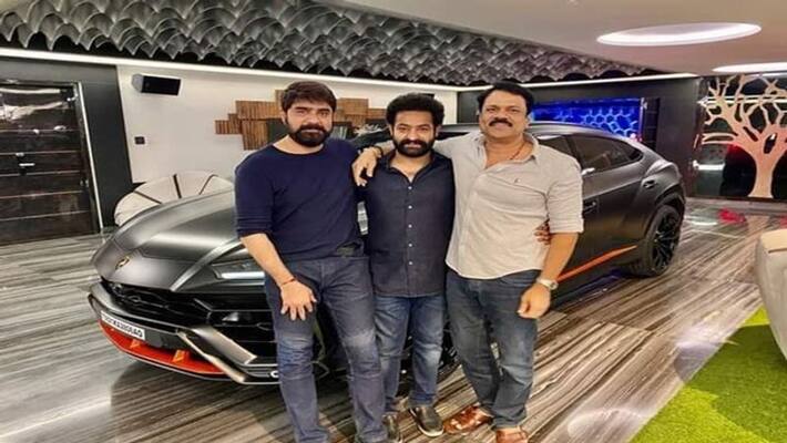 Jr NTR and Srikanth with lamborghini car Jr NTR and Srikanth with lamborghini car