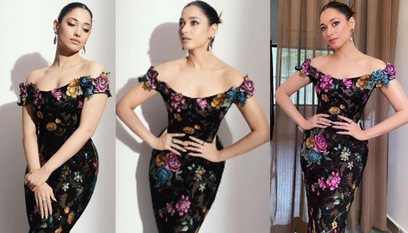 tamannah black florel gown latest photo shoot attracting