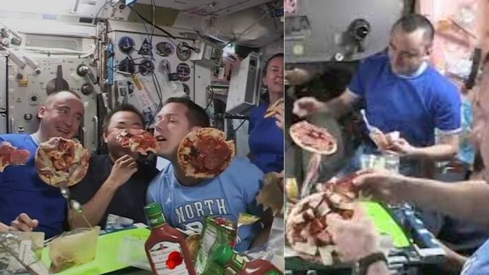 Astronauts enjoy floating pizza party at ISS Astronauts enjoy floating pizza party at ISS