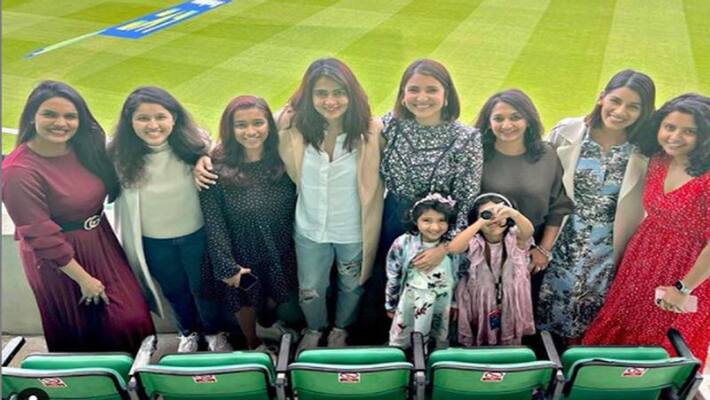 Anushka Sharma cheerfully poses with wives of Indian cricketers during India vs England match Anushka Sharma cheerfully poses with wives of Indian cricketers during India vs England match