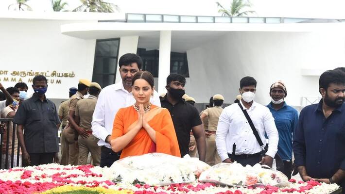 Thalavi actress Kangana pays homage to jayalalitha with a flower ring at her memorial Thalavi actress Kangana pays homage to jayalalitha with a flower ring at her memorial