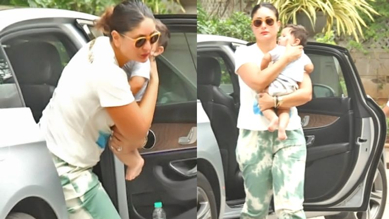 Kareena kapoor Spotted with Jeh and taimur at Randheer kapoor Residence
