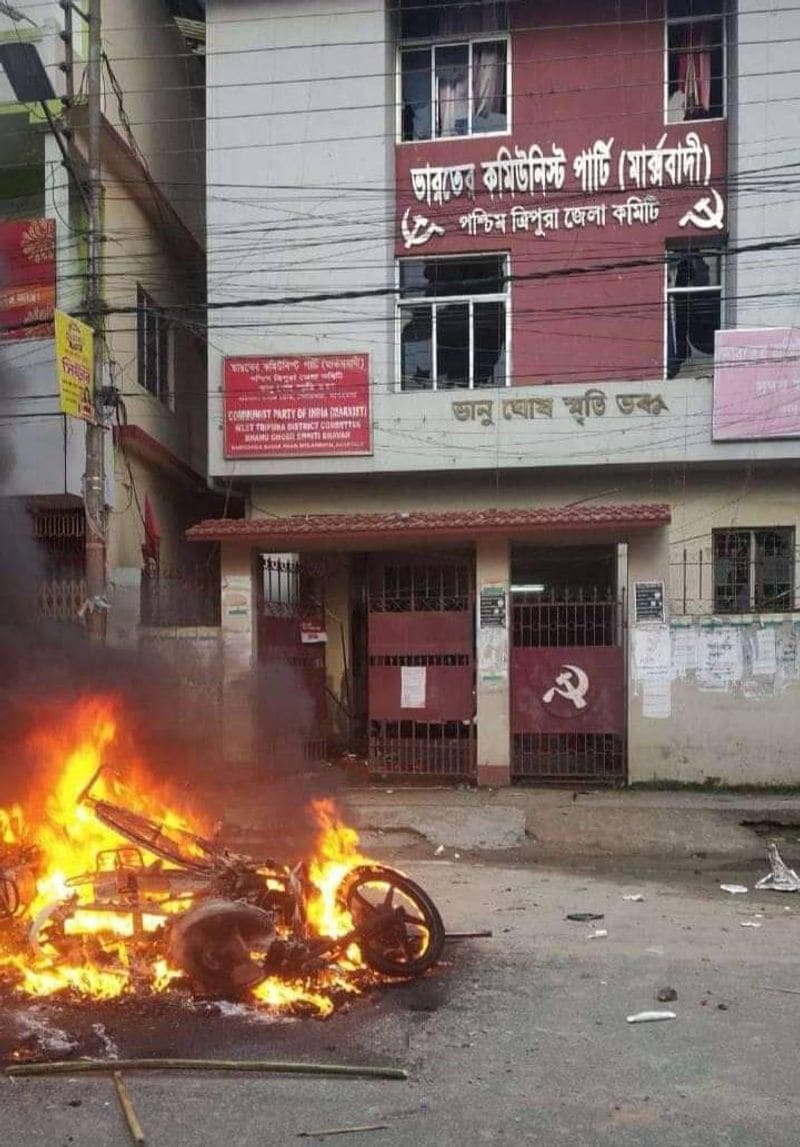 attackers set fire to five media houses and two CPM offices in Tripura