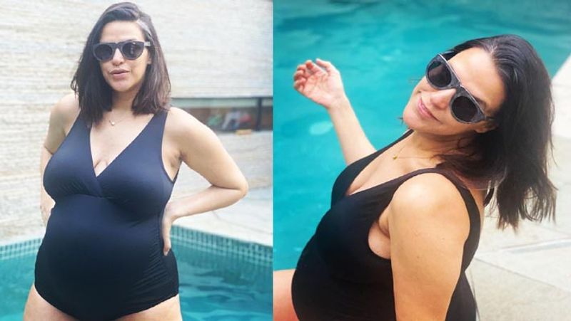 pregnant neha dhupia share pool side bikini photos flaunting baby bump