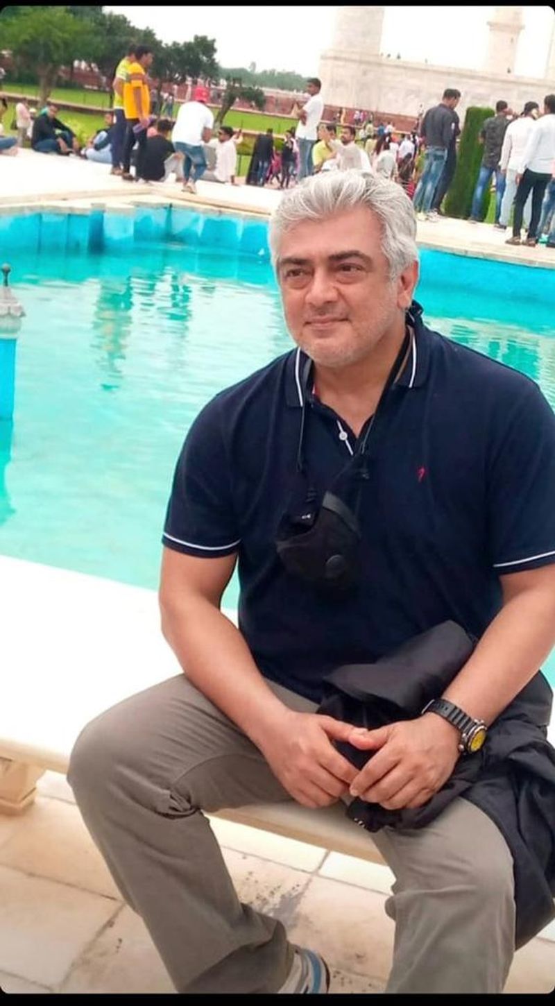 Ajith in front of Taj Mahal with fans in Salt and Pepper hairstyle photos fire in internet
