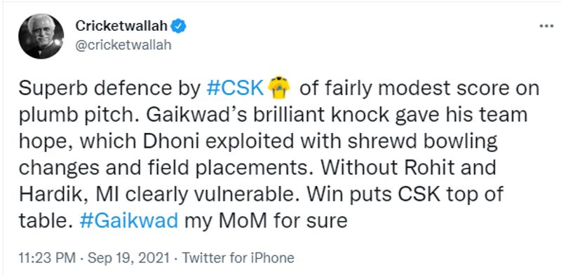 IPL 2021 Cricket fraternity reacts to CSK victory vs MI and Ruturaj Gaikwad master class fifty