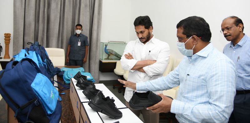 CM YS Jagan Checking on Vidya Kanuka scheme Shoes and School Bags