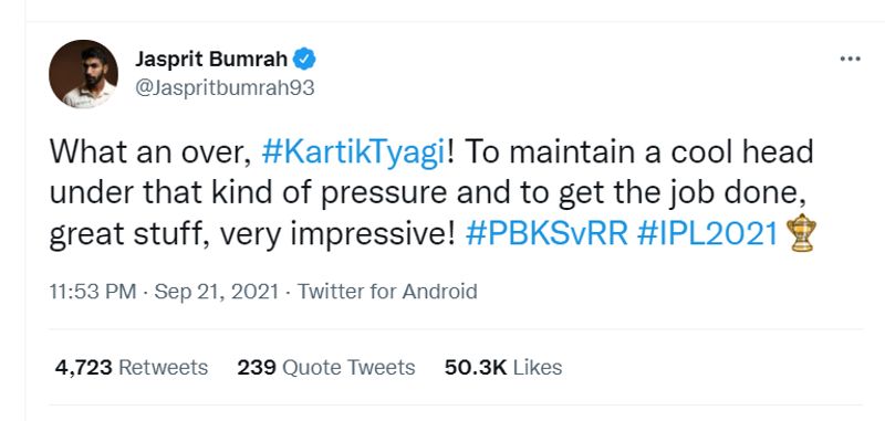Jasprit Bumrah Dale Steyn congratulate Kartik Tyagi For His Heroics vs Punjab Kings