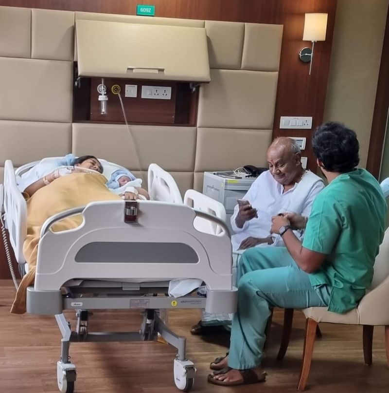Nikhil Kumaraswamy and Revathi blessed with baby boy HD Kumaraswany becomes grandfather Photos mah