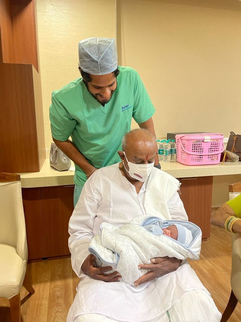 Nikhil Kumaraswamy and Revathi blessed with baby boy HD Kumaraswany becomes grandfather Photos mah
