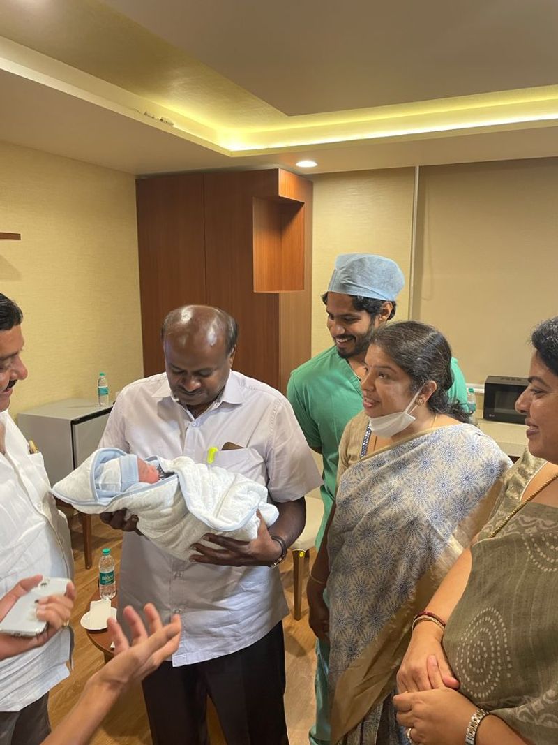 Nikhil Kumaraswamy and Revathi blessed with baby boy HD Kumaraswany becomes grandfather Photos mah
