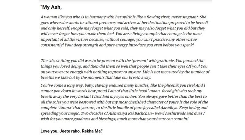 Rekha Aishwarya Rai relationship When Rekha sent Aishwarya letter and wrote With love Rekha ma