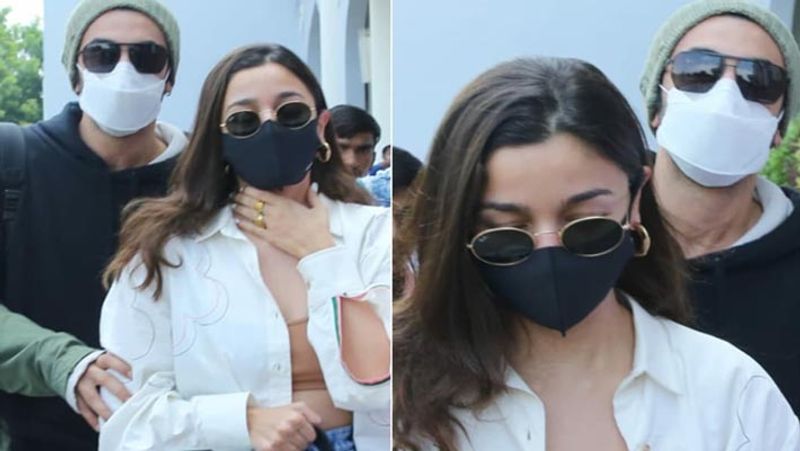 Ranbir Kapoor protects Alia Bhatt as fans surround them for selfie at Jodhpur airport