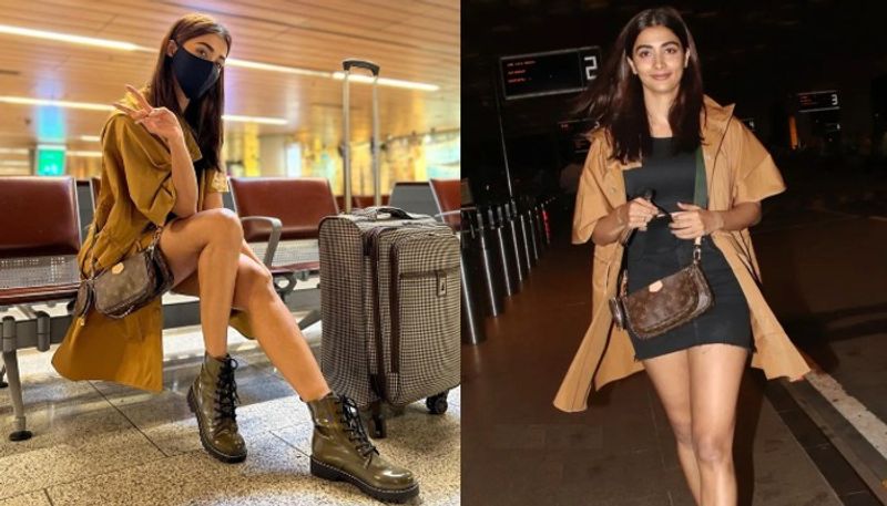 pooja hegde thigh show in airport her shoos and bag highlights
