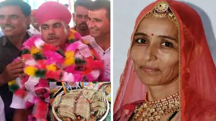 Rajasthan after loosing Pradhan Election wife put garland of 71 lakh currency note around husband neck Rajasthan after loosing Pradhan Election wife put garland of 71 lakh currency note around husband neck