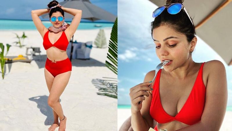 rubina dilaik flaunts her curves in red bikini actress enjoying vacation with husband in Maldives