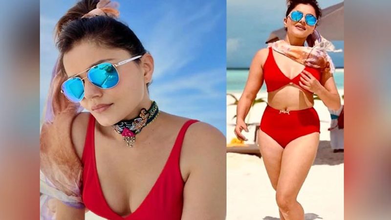 rubina dilaik flaunts her curves in red bikini actress enjoying vacation with husband in Maldives