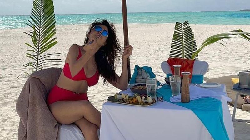 rubina dilaik flaunts her curves in red bikini actress enjoying vacation with husband in Maldives