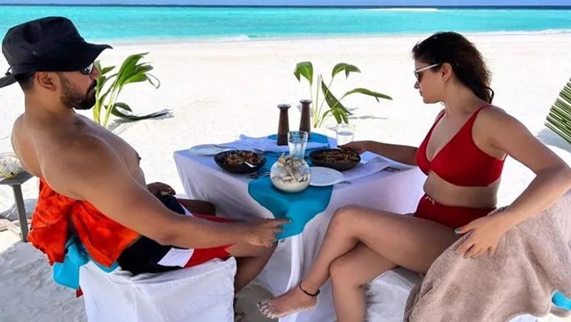 rubina dilaik flaunts her curves in red bikini actress enjoying vacation with husband in Maldives