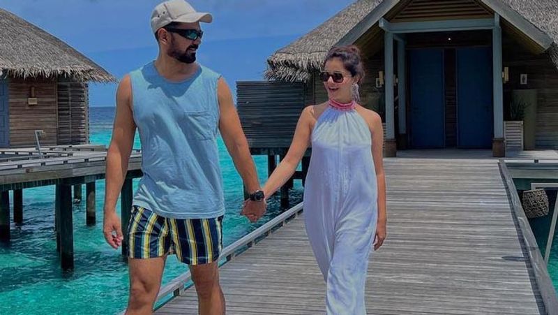 rubina dilaik flaunts her curves in red bikini actress enjoying vacation with husband in Maldives