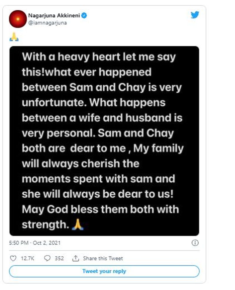 Nagarjuna released a heartfelt message with a heavy heart about samantha and nagachaitanya divorce