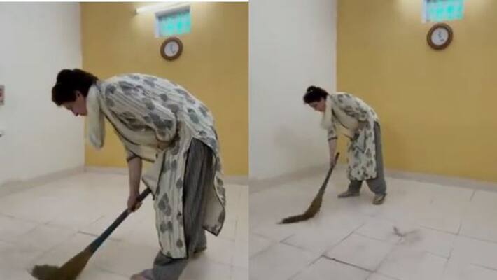 Watch Video congress leader Priyanka Gandhi sweeps room where cops detained her bsm Watch Video congress leader Priyanka Gandhi sweeps room where cops detained her bsm