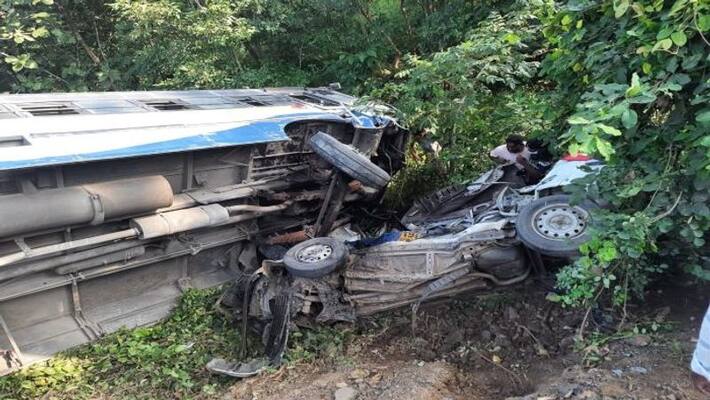 Bus plunges into gorge after colliding with car in Peddapalli district Bus plunges into gorge after colliding with car in Peddapalli district