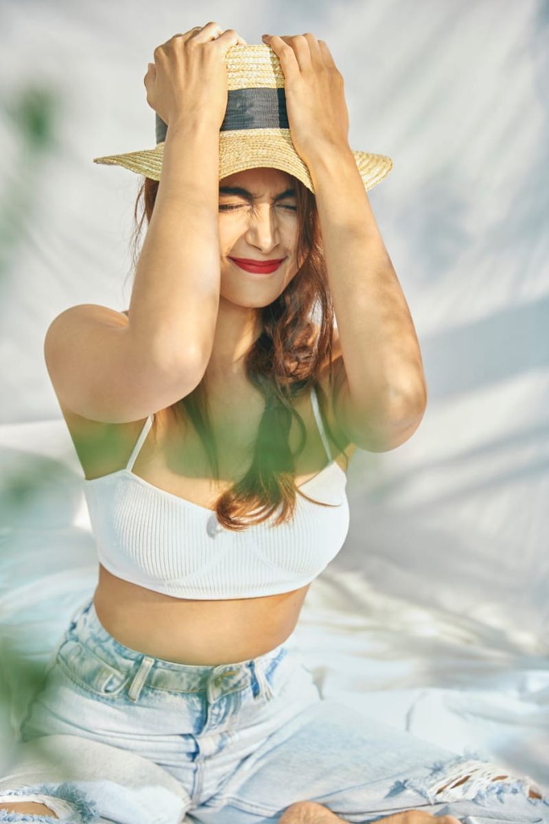 heroin pooja hegde feeling shy as she poses in inner wear